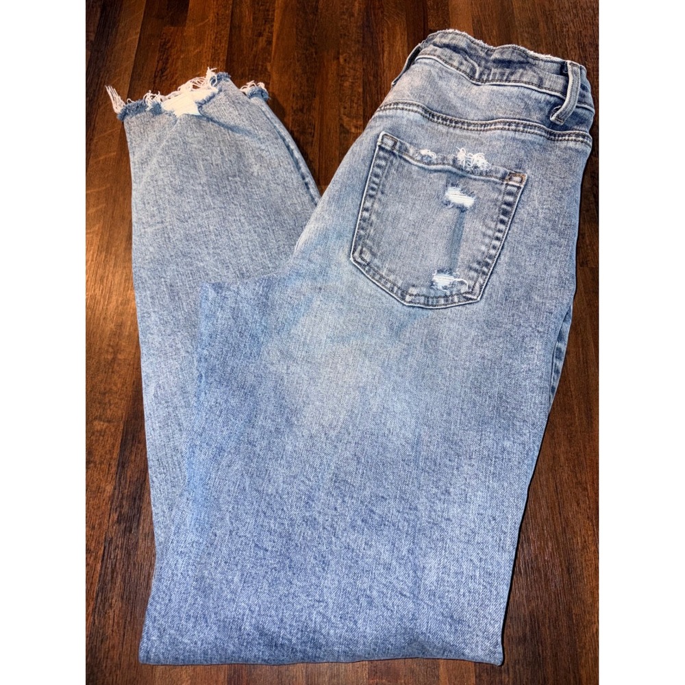 Maurices Light Wash Distressed High Rise Button Fly Mom Jeans Blue Raw Hem